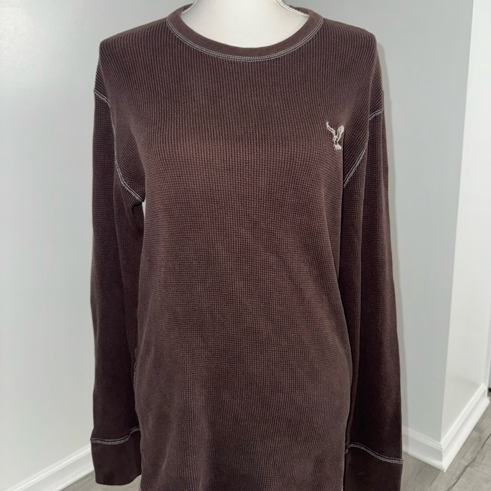 American Eagle Waffle Knit Long Sleeve‎ Shirt Brown Vintage Fit Men’s Large AEO